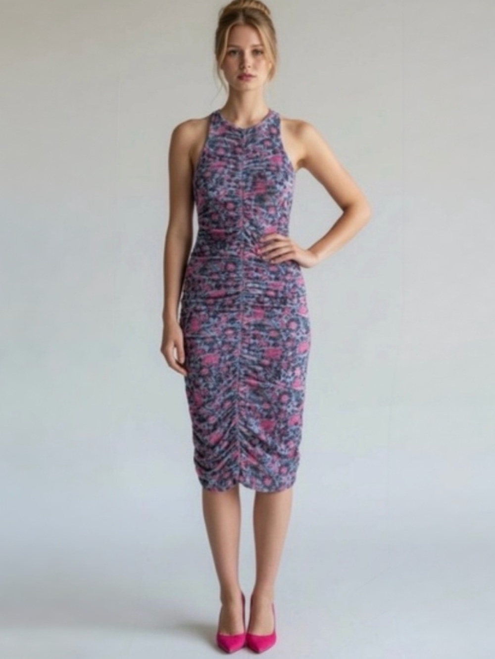 NWT REVOLVE X HOUSE HARLOW Floral Midi Dress Ruched Sleeveless Bodycon Size XS